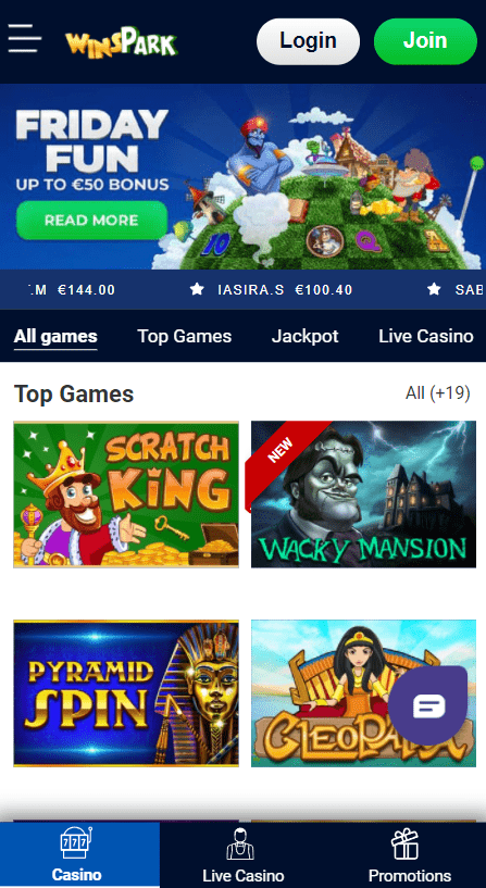 WinsPark Casino on Mobile